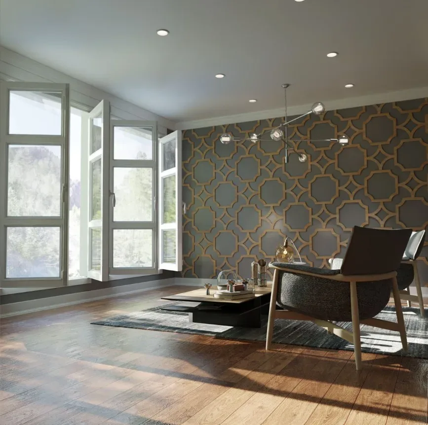 A living room with a wooden floor and a large window.